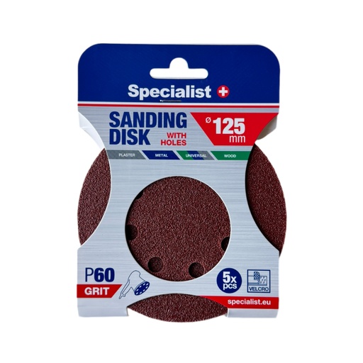 [250-2060] SPECIALIST+ velcro sanding disks with holes P60, 125 mm, 5 pcs