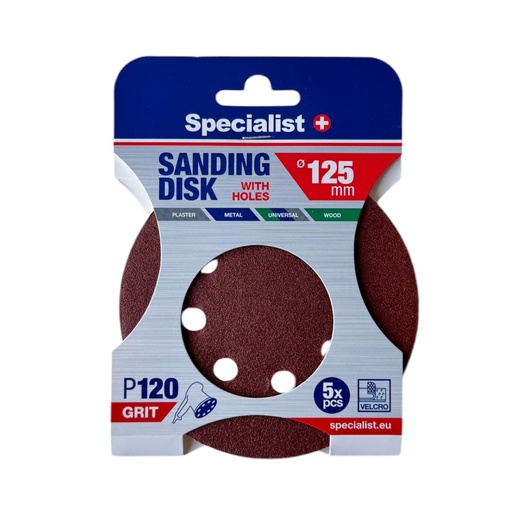 [250-2120] SPECIALIST+ lihvpaber aukudega P120, 125 mm, 5 tk