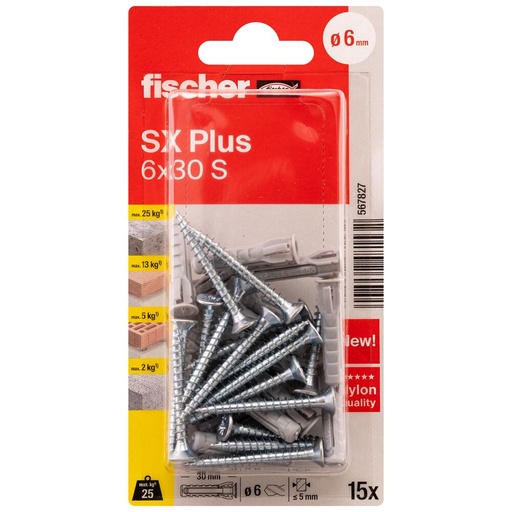 [61-567827B] FISCHER paplašināšanas kontaktdakša SX Plus S ar skrūvi, 6x30 mm, 15 gab.