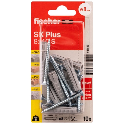 [61-567833B] FISCHER paplašināšanas kontaktdakša SX Plus S ar skrūvi, 8x40 mm, 10 gab.