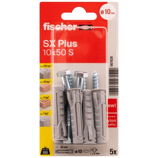 [61-567828B] FISCHER paplašināšanas kontaktdakša SX Plus S ar skrūvi, 10x50 mm, 5 gab.