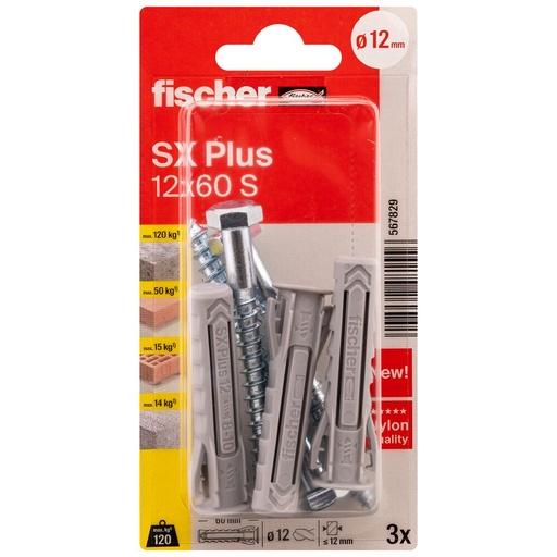 [61-567829B] FISCHER paplašināšanas kontaktdakša SX Plus S ar skrūvi, 12x60 mm, 3 gab.