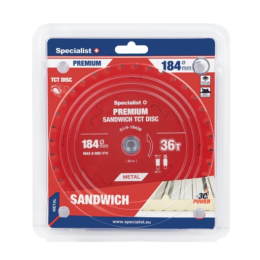 [51/4-18436] Pjovimo diskas 184x36Tx20/16mm, Sandwich PREMIUM, SPECIALIST+
