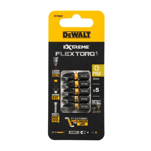 [26/5-DT7994T] Sukimo antgaliukai FLEXTORQ PH2, 25mm, DeWALT, 5 vnt.