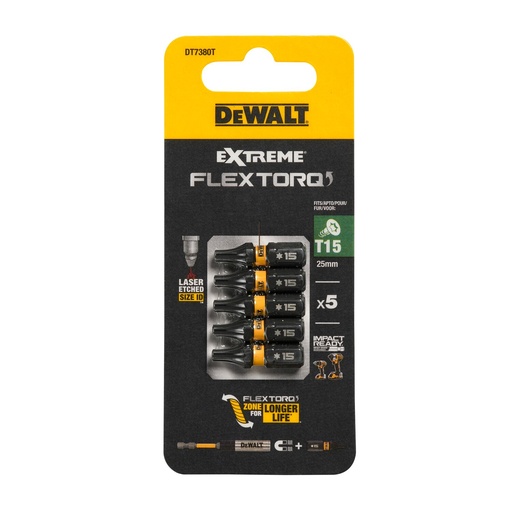 [26/5-DT7380T] FLEXTORQ skrūvgriežu uzgaļi T15 25 mm, DeWALT, 5 gab.