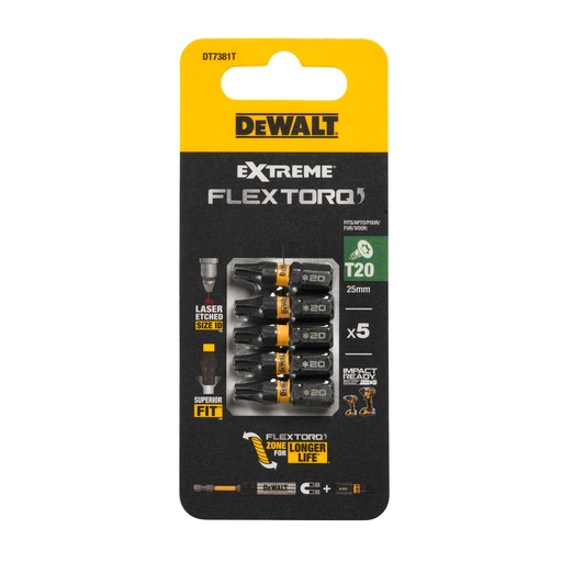 [26/5-DT7381T] FLEXTORQ Screwdriver Bits T20 25 mm, DeWALT, 5 pcs