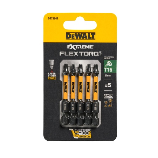 [26/5-DT7394T] FLEXTORQ Screwdriver Bits T15 57 mm, DeWALT, 5 pcs