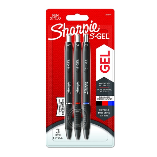 [09-2136596] Rašiklis „Sharpie S-GEL", mėl./juod./raud., blist., 3 vnt.