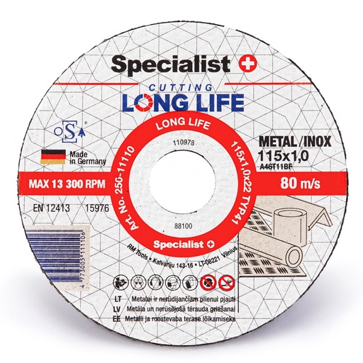 [250-11110] SPECIALIST+ metāla griešanas disks LONG LIFE, 115x1x22 mm