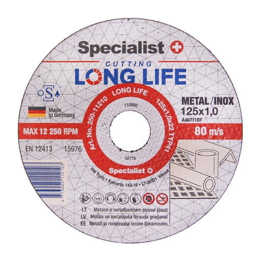 [250-11210] SPECIALIST+ metāla griešanas disks LONG LIFE, 125 x 1 x 22 mm