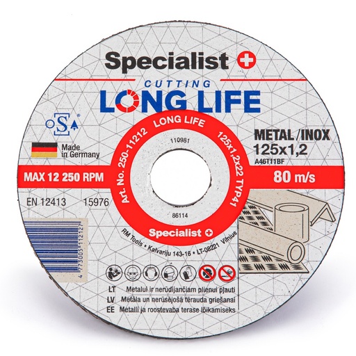 [250-11212] SPECIALIST+ metāla griešanas disks LONG LIFE, 125 x 1.2 x 22 mm