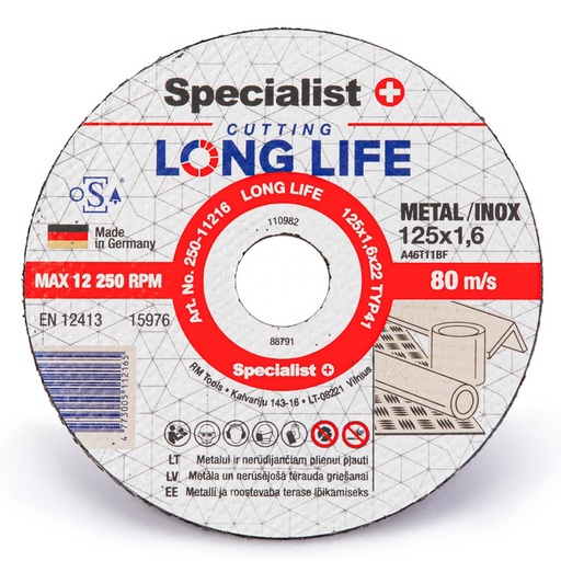 [250-11216] SPECIALIST+ metāla griešanas disks LONG LIFE, 125x1,6x22 mm