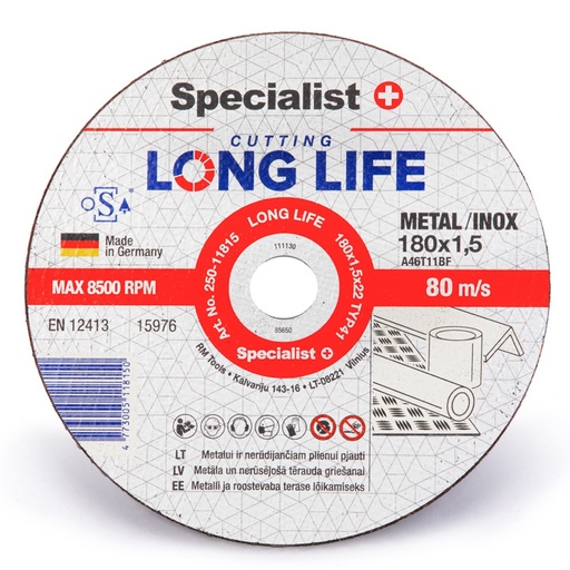 [250-11815] SPECIALIST+ metāla griešanas disks LONG LIFE, 180 x 1.5 x 22 mm